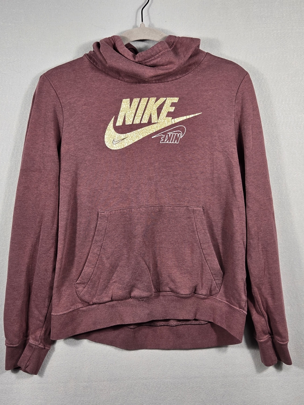 Nike Womens Small Funnel Neck Hoodie Glitter Graphic Pullover Burgundy Plum